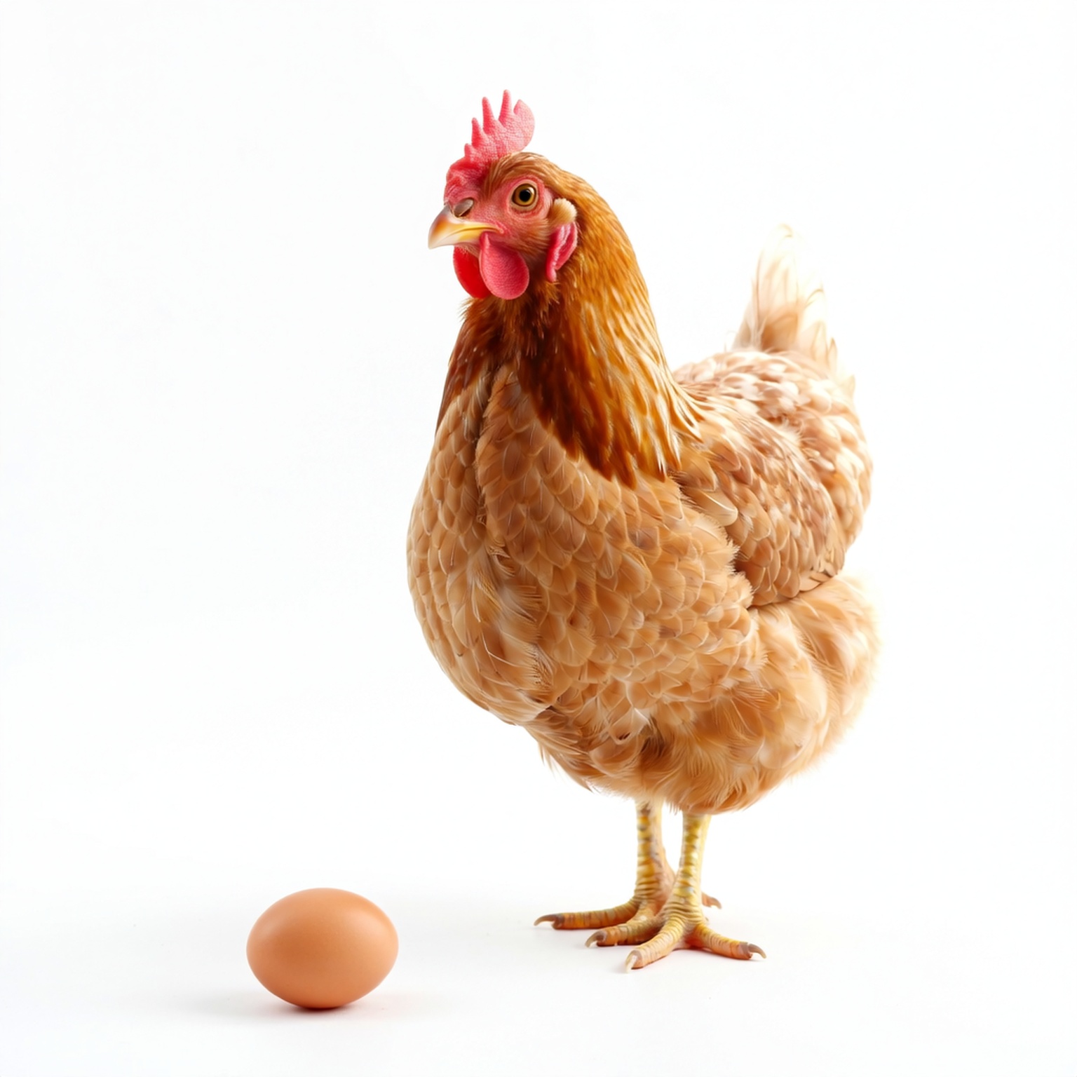 Model Version: lite | Model Category: Realism | Prompt: Photorealistic image of a single hen standing, laying an egg, isolated on a white background, clean product shot, professional photography quality, PNG format. | Enhanced Prompt: A photorealistic, professional photography quality image of a single, healthy Rhode Island Red hen, standing upright with a focused, calm expression, captured precisely at the moment of laying a perfectly formed, smooth brown egg. The subject is isolated sharply against a pure, seamless white background, mimicking a clean product shot aesthetic. The lighting is bright, even, and shadowless studio lighting, ensuring every feather texture and the smooth shell of the egg is perfectly rendered. This is a sharp, centered composition, utilizing high detail resolution to simulate a flawless PNG format capture. Super realistic, high contrast, studio photography. Photorealistic image of a single hen standing, laying an egg, isolated on a white background, clean product shot, professional photography quality, PNG format.