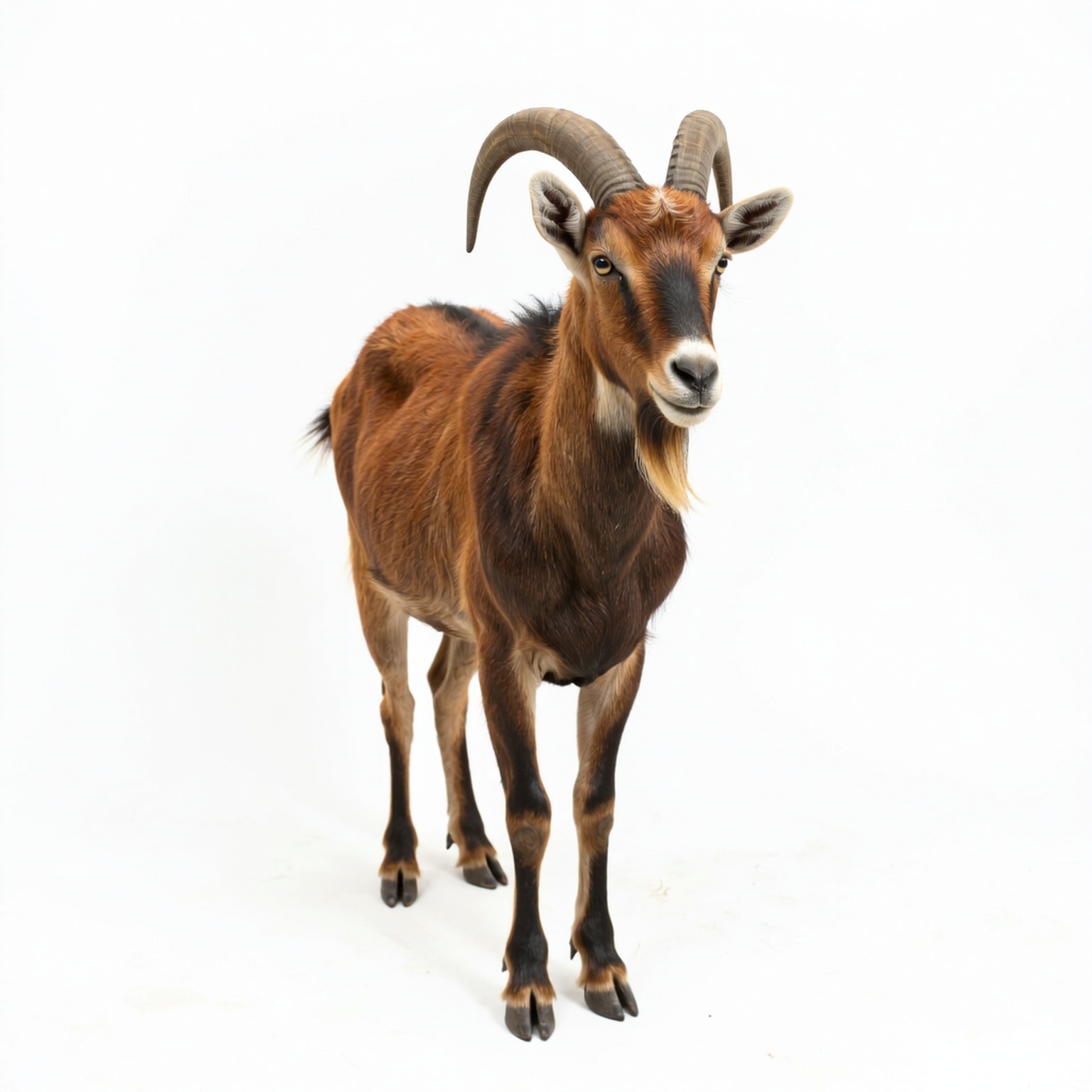 Model Version: lite | Model Category: Realism | Prompt: Photorealistic African goat, full body shot, isolated on white background, high detail, sharp focus, professional photography quality, PNG format. | Enhanced Prompt: A photorealistic, full body shot of a magnificent African goat, characterized by its strong, muscular build, prominent curved horns, and thick, richly textured dark brown and white patterned coat. The goat is standing perfectly still and alert, showcasing every strand of hair and the intricate texture of its hooves. The scene is starkly isolated against a pure, seamless white background, ensuring zero distraction. The aesthetic control dictates extremely sharp focus across the entire subject, utilizing bright, even studio lighting that eliminates shadows, mimicking professional product photography quality. This center-composed, high-detail image emphasizes clarity and anatomical precision. Photorealistic African goat, full body shot, isolated on white background, high detail, sharp focus, professional photography quality, PNG format.